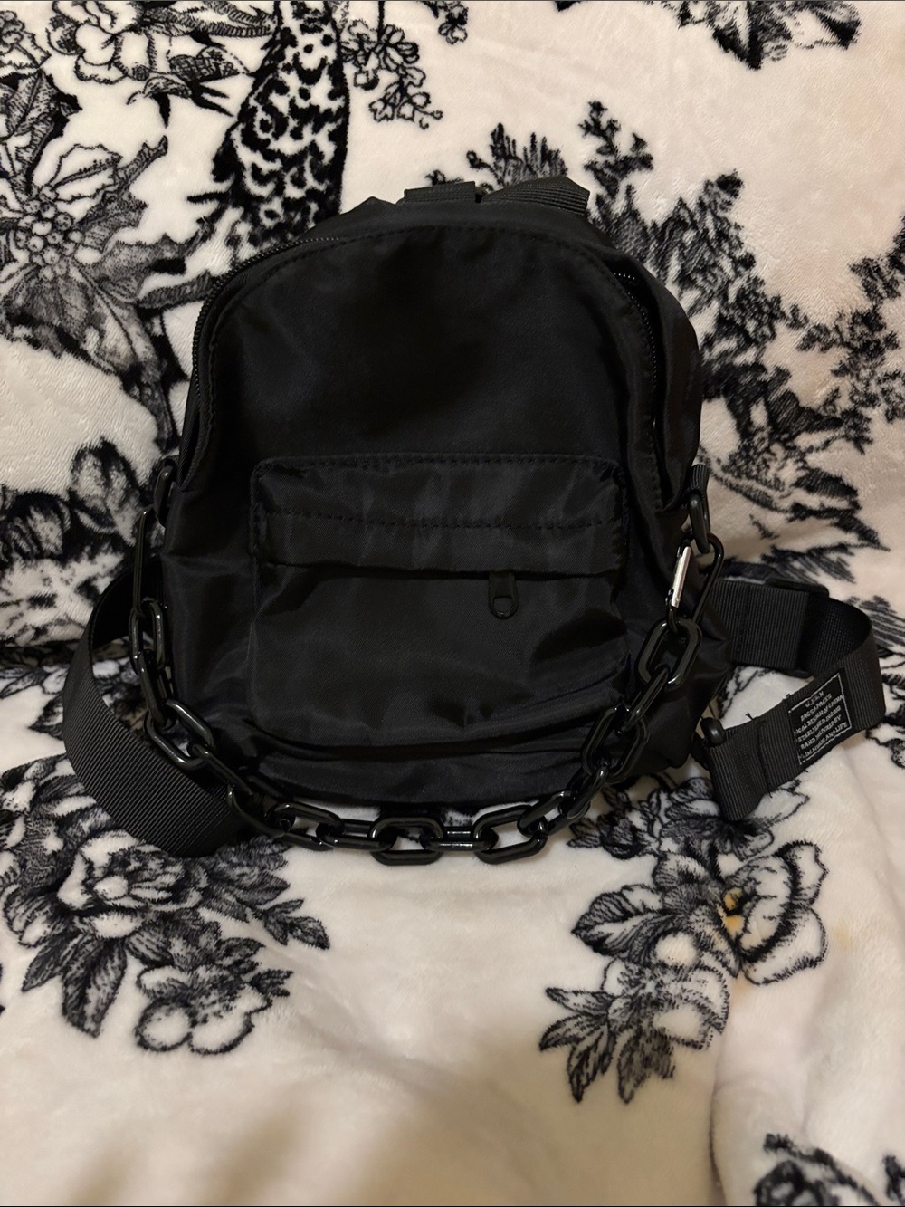 Black Women's Nylon Mini Backpack with Chain Accent